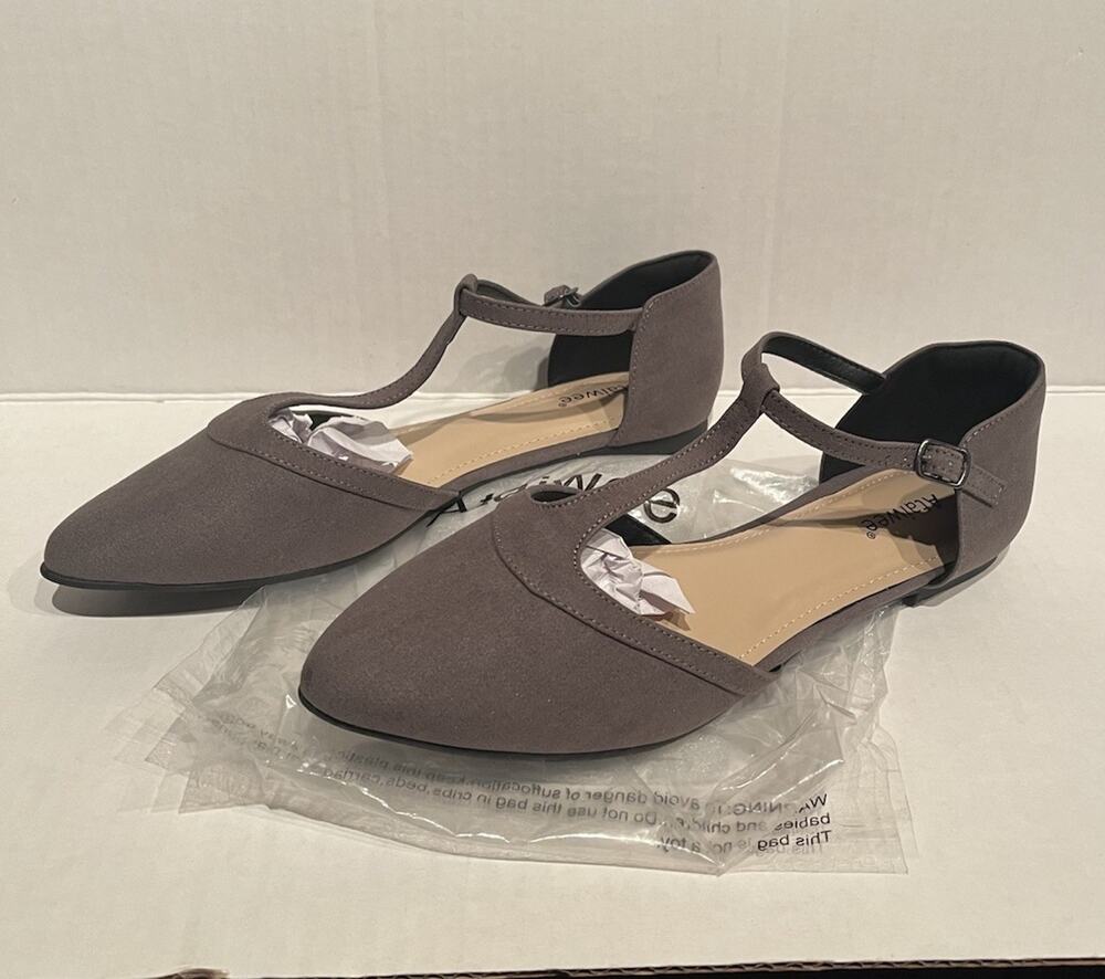 Ataiwee Womens Flats Taupe Gray 10W Wide T Strap Pointed Toe Memory Foam Shoes